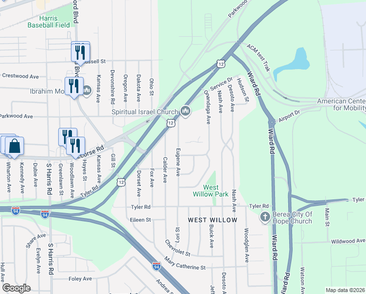 map of restaurants, bars, coffee shops, grocery stores, and more near 609 Eugene Avenue in Ypsilanti