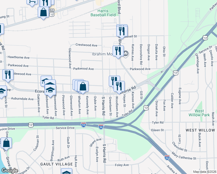 map of restaurants, bars, coffee shops, grocery stores, and more near 487 Greenlawn Street in Ypsilanti