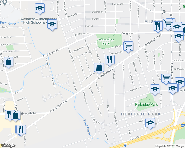 map of restaurants, bars, coffee shops, grocery stores, and more near 1255 Lathers Avenue in Ypsilanti