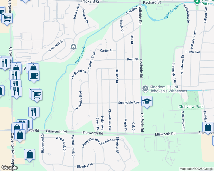 map of restaurants, bars, coffee shops, grocery stores, and more near 3641 Cloverlawn Avenue in Ypsilanti
