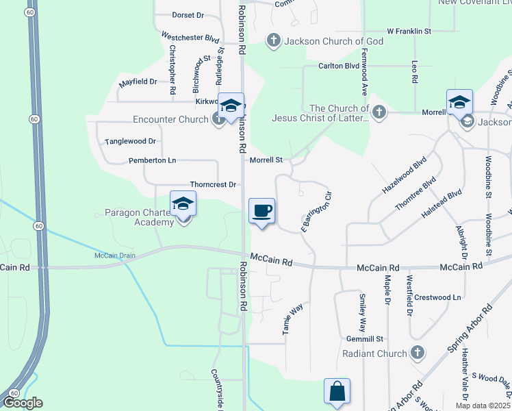 map of restaurants, bars, coffee shops, grocery stores, and more near 703 Robinson Road in Jackson