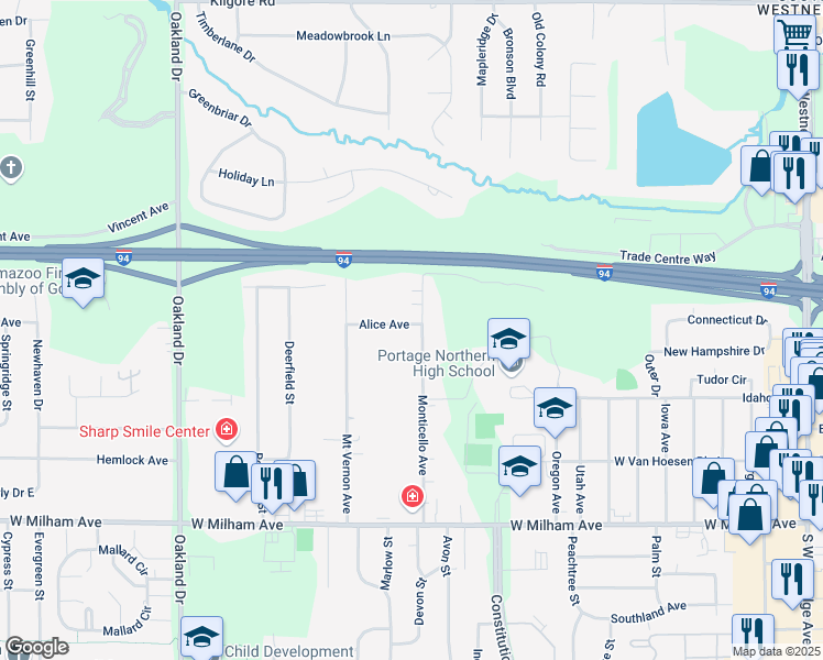 map of restaurants, bars, coffee shops, grocery stores, and more near 5620 Monticello Avenue in Portage
