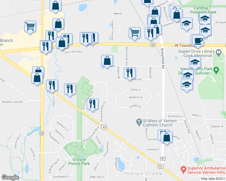 map of restaurants, bars, coffee shops, grocery stores, and more near 1163 Orleans Drive in Mundelein
