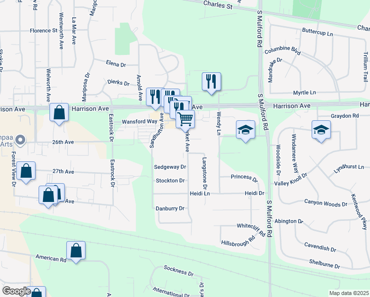 map of restaurants, bars, coffee shops, grocery stores, and more near 5680 Petworth Drive in Rockford