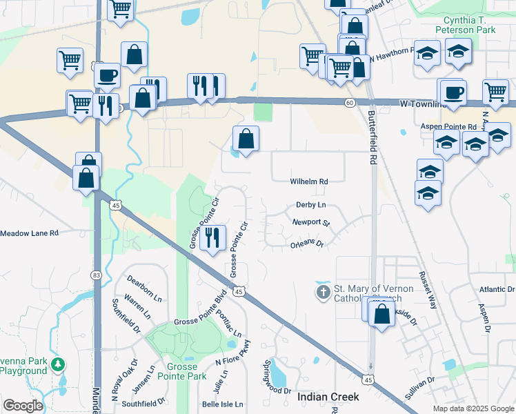 map of restaurants, bars, coffee shops, grocery stores, and more near 1153 Orleans Drive in Mundelein