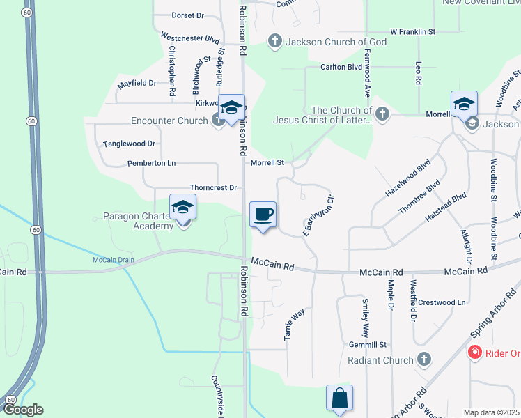 map of restaurants, bars, coffee shops, grocery stores, and more near 703 Robinson Road in Jackson