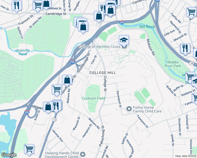map of restaurants, bars, coffee shops, grocery stores, and more near 30 Boyden Street in Worcester