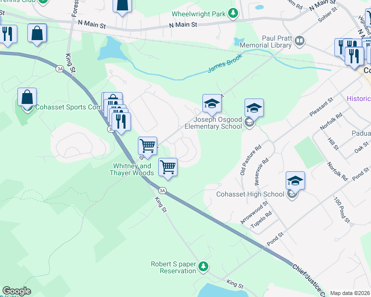 map of restaurants, bars, coffee shops, grocery stores, and more near 22 Eldredge Lane in Cohasset