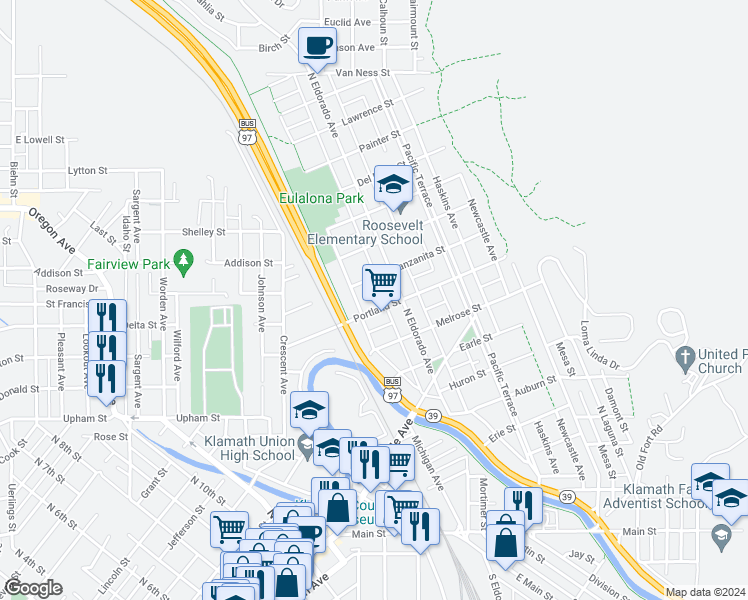 map of restaurants, bars, coffee shops, grocery stores, and more near 1857 Portland Street in Klamath Falls