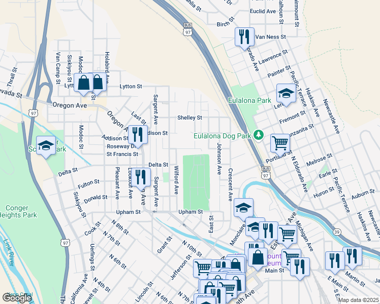 map of restaurants, bars, coffee shops, grocery stores, and more near 1206 Carlyle Street in Klamath Falls