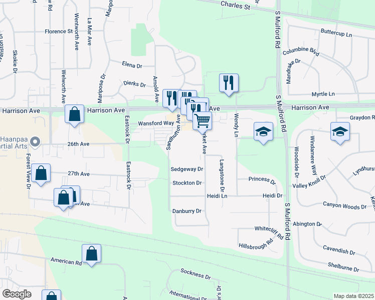map of restaurants, bars, coffee shops, grocery stores, and more near 2775 Stowmarket Avenue in Rockford