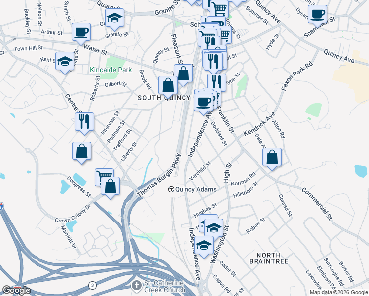 map of restaurants, bars, coffee shops, grocery stores, and more near 103 Independence Avenue in Quincy