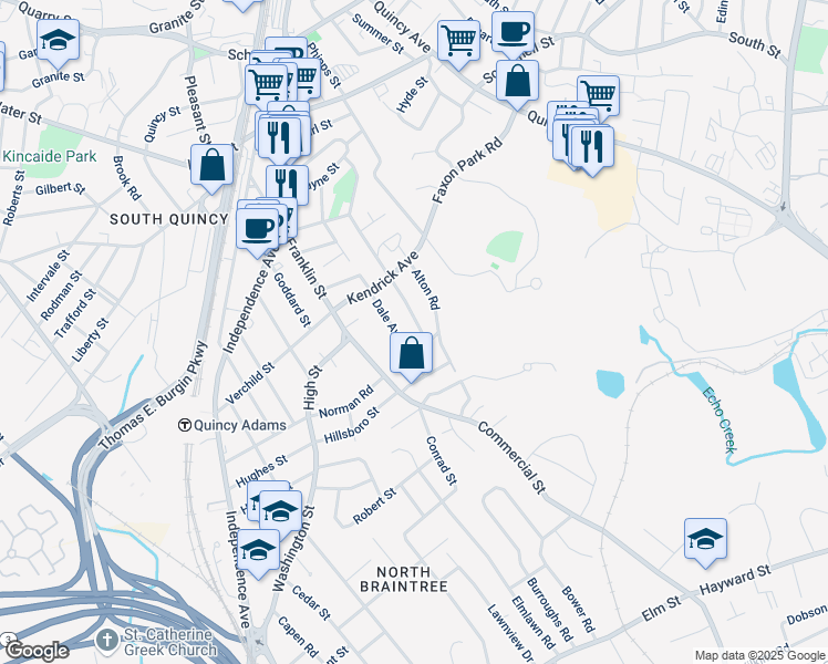 map of restaurants, bars, coffee shops, grocery stores, and more near 15 Crest Street in Quincy