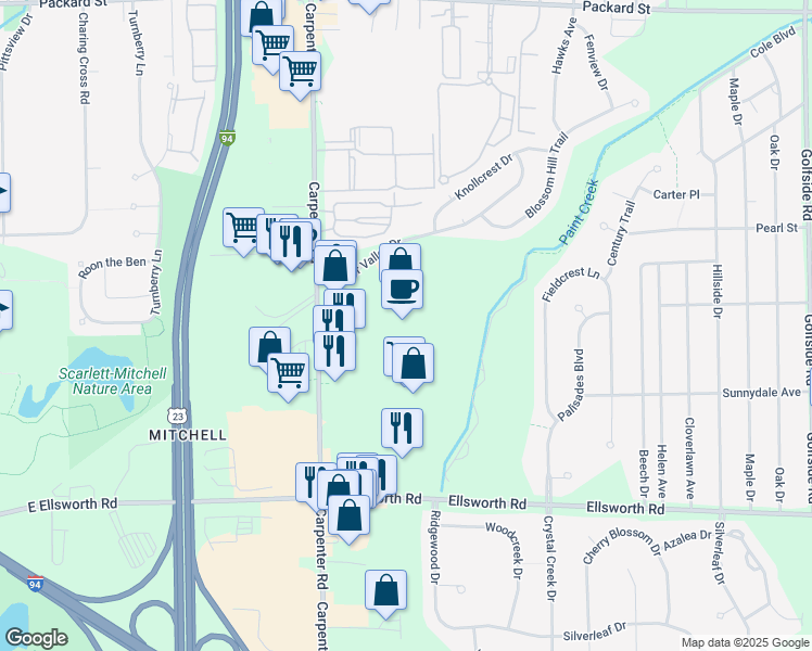 map of restaurants, bars, coffee shops, grocery stores, and more near 4039 Carpenter Road in Ypsilanti
