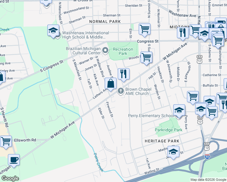 map of restaurants, bars, coffee shops, grocery stores, and more near 1124 West Michigan Avenue in Ypsilanti