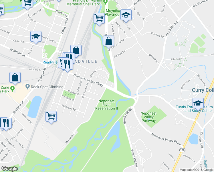 map of restaurants, bars, coffee shops, grocery stores, and more near Neponset Valley Parkway in Boston
