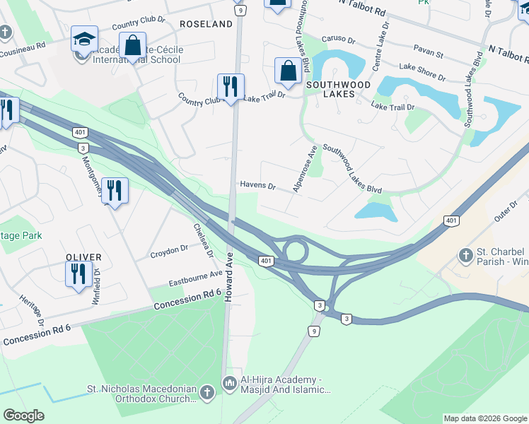 map of restaurants, bars, coffee shops, grocery stores, and more near 15 Talbot Road in Windsor