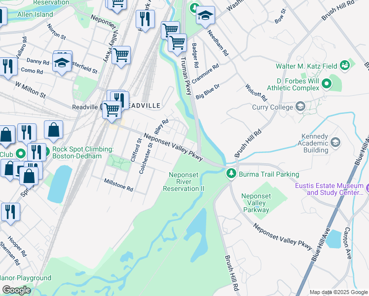 map of restaurants, bars, coffee shops, grocery stores, and more near Neponset Valley Parkway in Boston