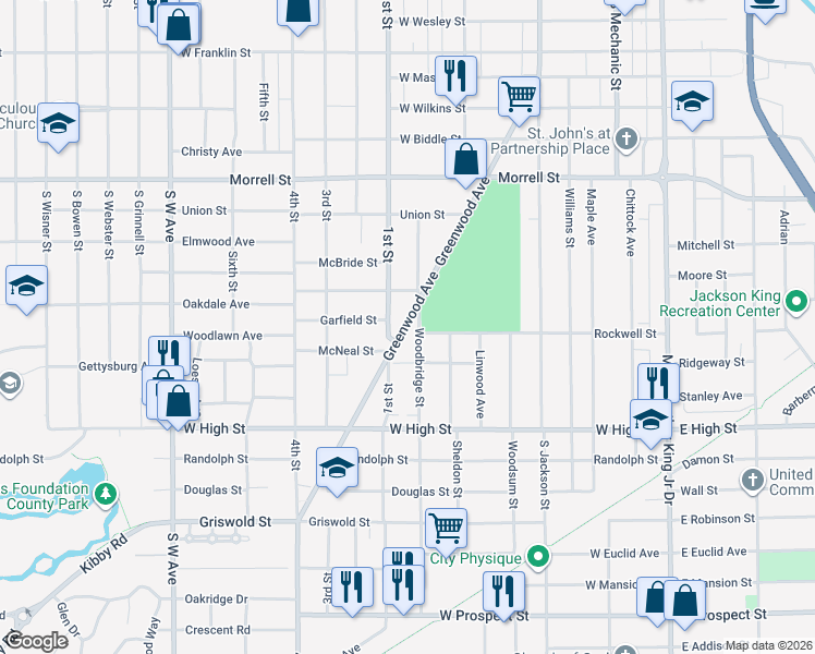 map of restaurants, bars, coffee shops, grocery stores, and more near 1117 Greenwood Avenue in Jackson