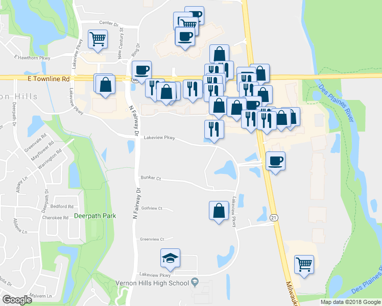map of restaurants, bars, coffee shops, grocery stores, and more near 588 Lakeview Parkway in Vernon Hills