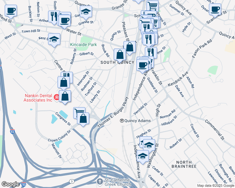 map of restaurants, bars, coffee shops, grocery stores, and more near 599 Thomas Burgin Parkway in Quincy