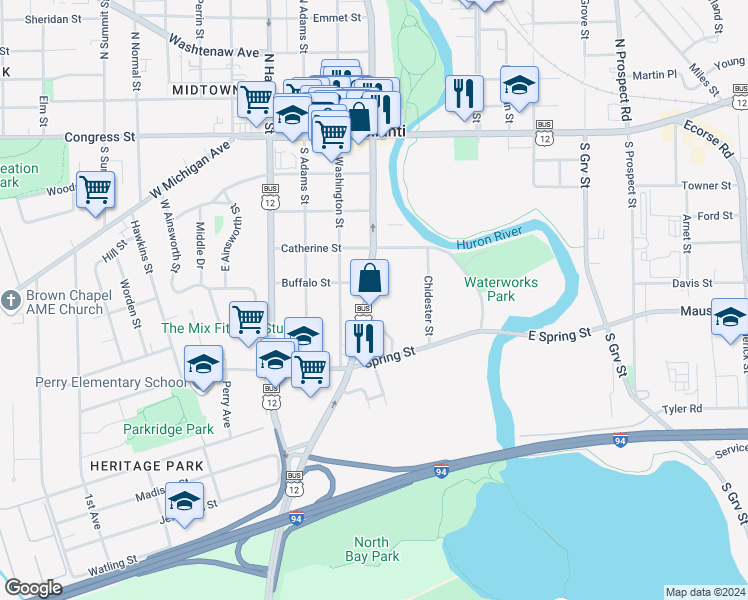 map of restaurants, bars, coffee shops, grocery stores, and more near 409 South Huron Street in Ypsilanti