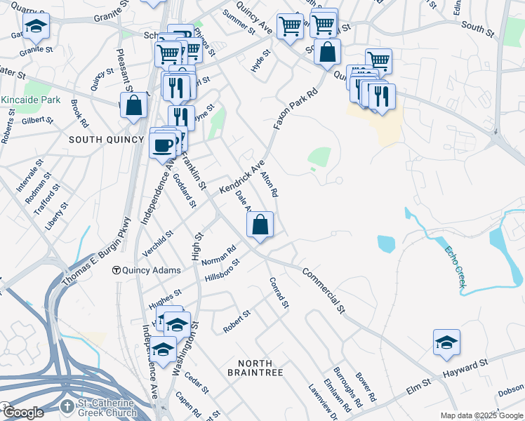map of restaurants, bars, coffee shops, grocery stores, and more near 15 Crest Street in Quincy
