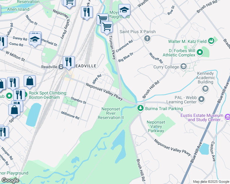 map of restaurants, bars, coffee shops, grocery stores, and more near 312 Neponset Valley Parkway in Boston