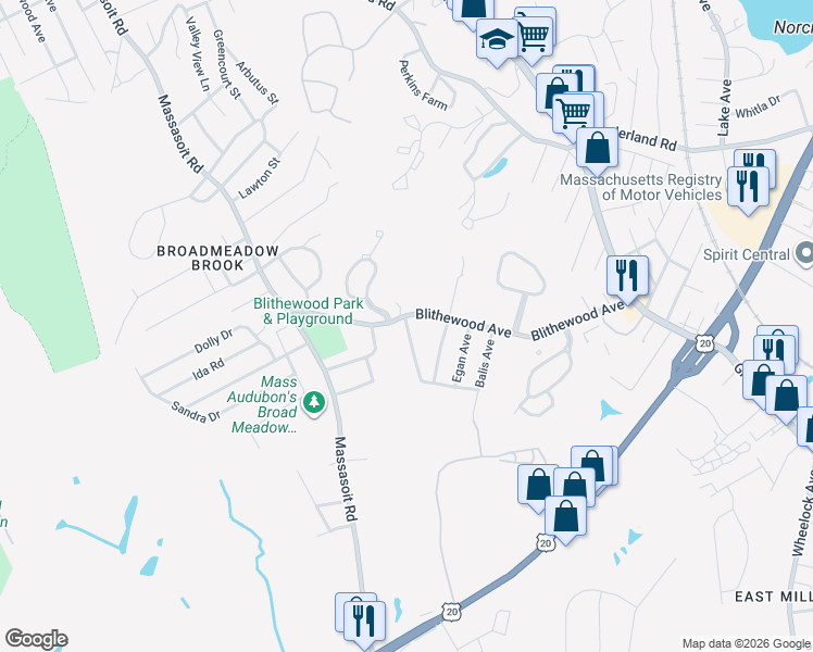map of restaurants, bars, coffee shops, grocery stores, and more near 6 Broome Avenue in Worcester