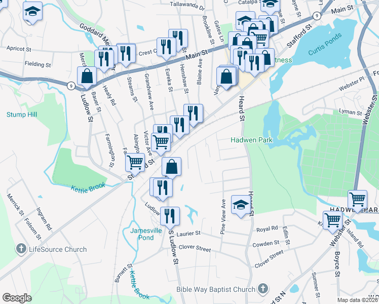 map of restaurants, bars, coffee shops, grocery stores, and more near 19 James Street in Worcester