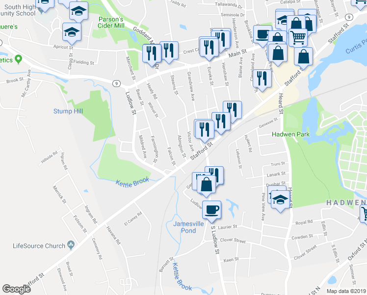 map of restaurants, bars, coffee shops, grocery stores, and more near 3 Victor Avenue in Worcester