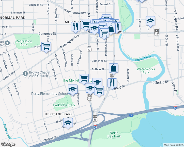 map of restaurants, bars, coffee shops, grocery stores, and more near 412 South Hamilton Street in Ypsilanti