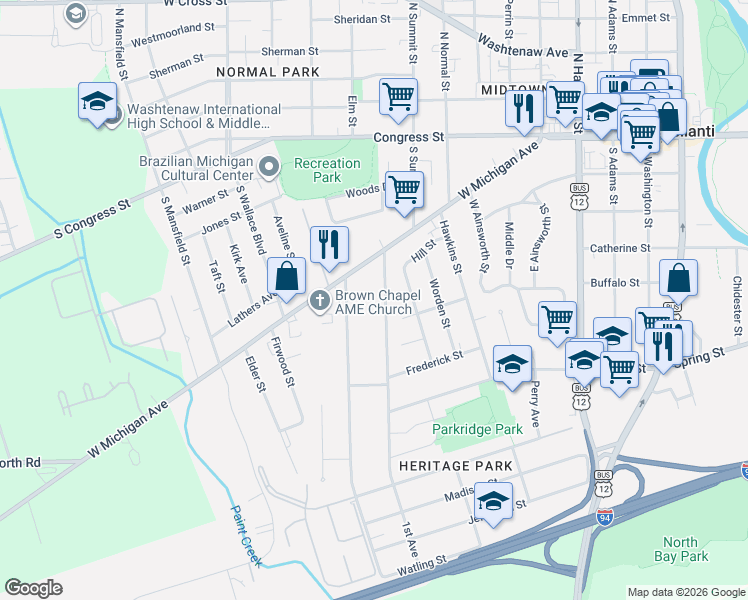 map of restaurants, bars, coffee shops, grocery stores, and more near 370 1st Avenue in Ypsilanti