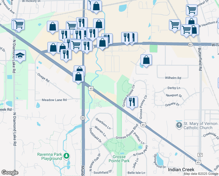 map of restaurants, bars, coffee shops, grocery stores, and more near 25631 U.S. 45 in Mundelein