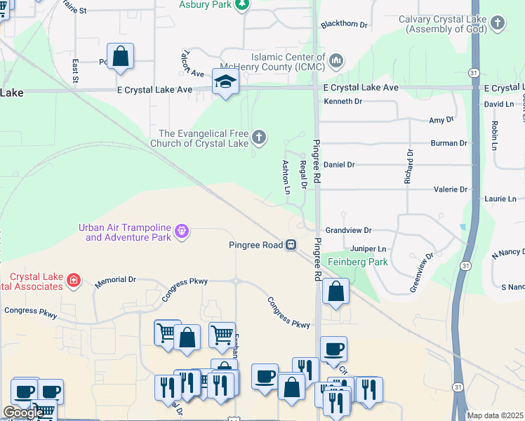 map of restaurants, bars, coffee shops, grocery stores, and more near 750 Oak Hollow Road in Crystal Lake