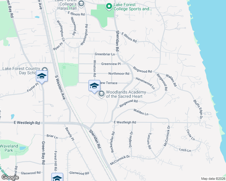 map of restaurants, bars, coffee shops, grocery stores, and more near 250 South Sheridan Road in Lake Forest