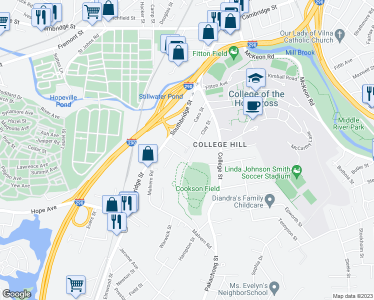 map of restaurants, bars, coffee shops, grocery stores, and more near 84 Attleboro Street in Worcester