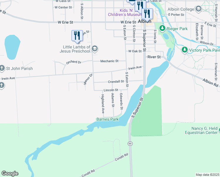 map of restaurants, bars, coffee shops, grocery stores, and more near 319 Lincoln Street in Albion
