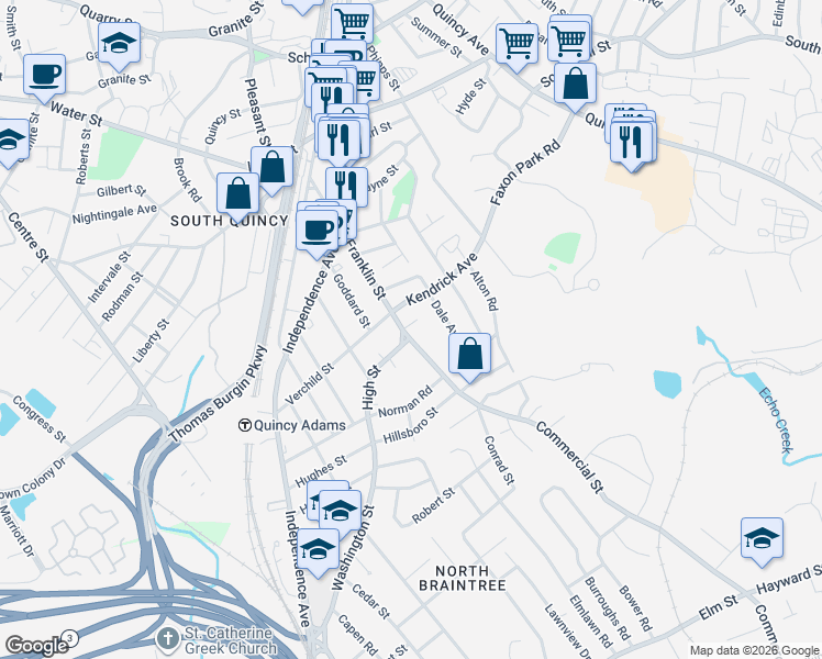 map of restaurants, bars, coffee shops, grocery stores, and more near 250 Franklin Street in Quincy