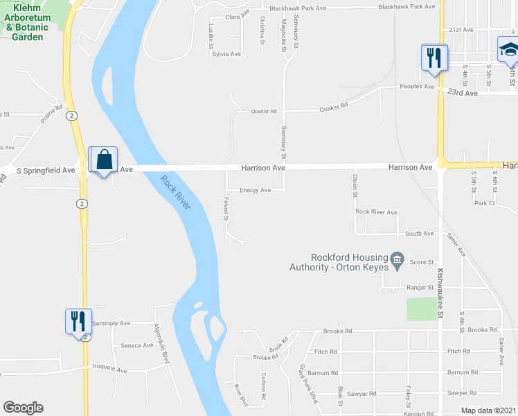 map of restaurants, bars, coffee shops, grocery stores, and more near 123 Energy Avenue in Rockford