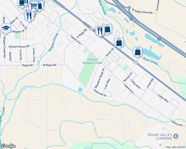 map of restaurants, bars, coffee shops, grocery stores, and more near 255 Meadow Slope Drive in Talent