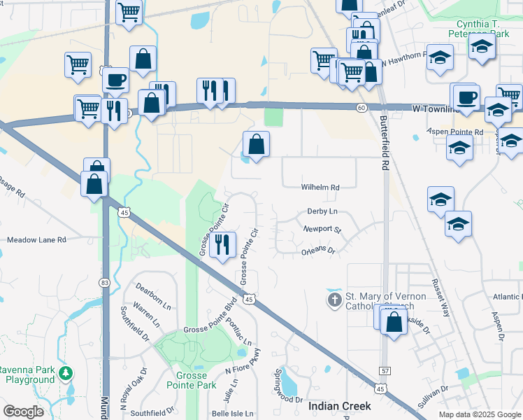 map of restaurants, bars, coffee shops, grocery stores, and more near 684 Grosse Pointe Circle in Vernon Hills