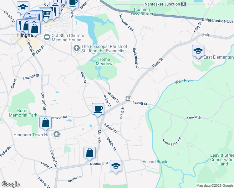 map of restaurants, bars, coffee shops, grocery stores, and more near 62 Winter Street in Hingham