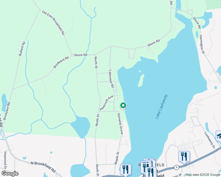 map of restaurants, bars, coffee shops, grocery stores, and more near 15 Lakeview Road in North Brookfield