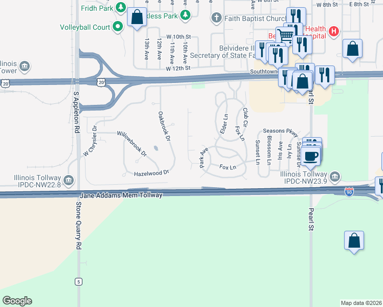 map of restaurants, bars, coffee shops, grocery stores, and more near 520 Park Avenue in Belvidere