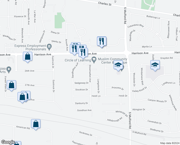 map of restaurants, bars, coffee shops, grocery stores, and more near 2744 Stowmarket Avenue in Rockford