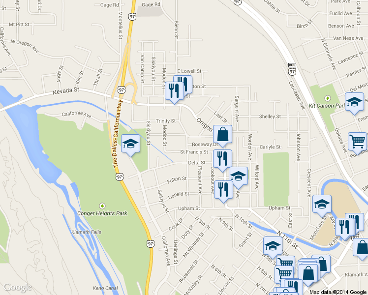 map of restaurants, bars, coffee shops, grocery stores, and more near 1620 Lakeview Avenue in Klamath Falls