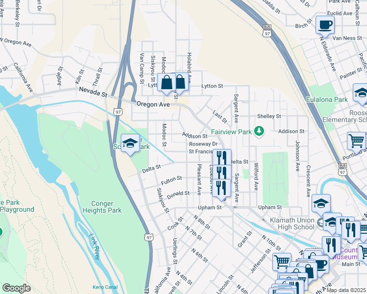 map of restaurants, bars, coffee shops, grocery stores, and more near 1620 Lakeview Avenue in Klamath Falls
