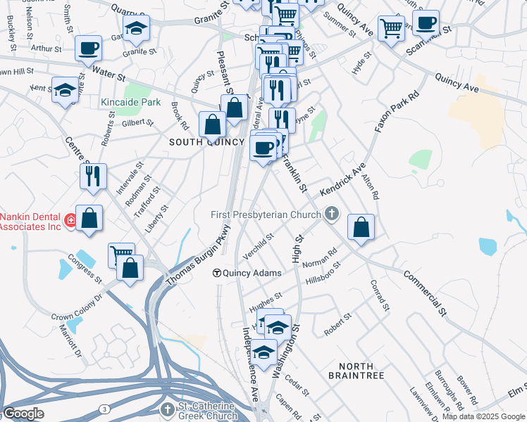 map of restaurants, bars, coffee shops, grocery stores, and more near 43 Bennington Street in Quincy