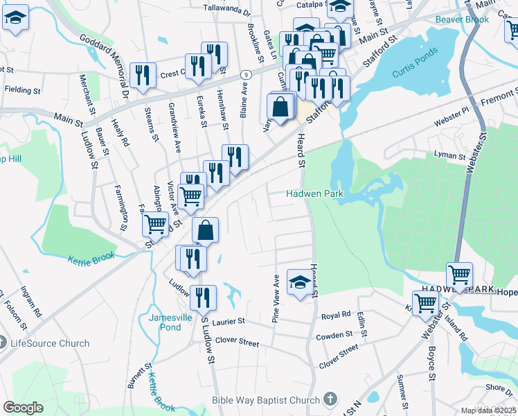 map of restaurants, bars, coffee shops, grocery stores, and more near 30 Pine View Avenue in Worcester